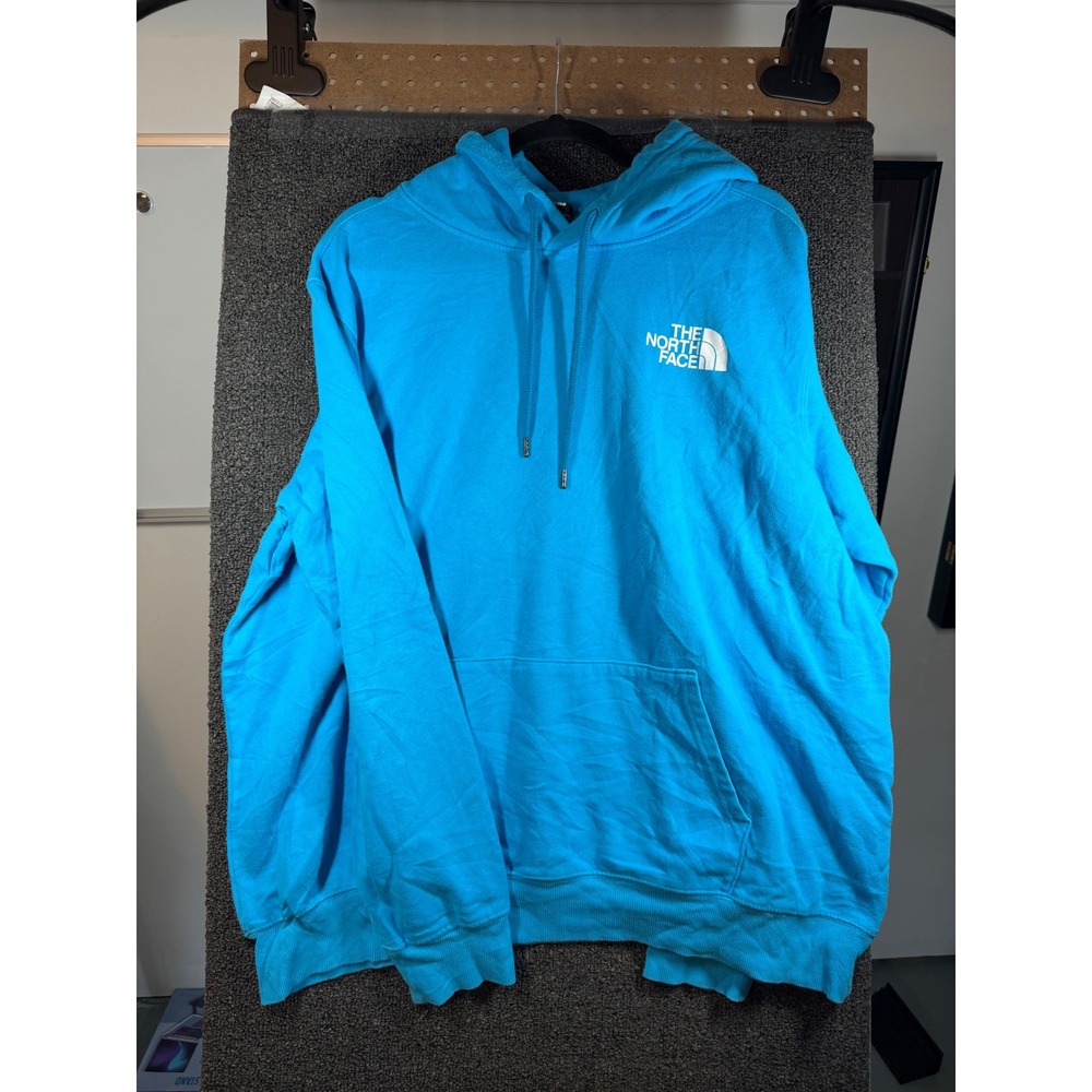 The North Face Hoodie Mens XL Blue Yellow Never Stop Exploring Graphic Pullover